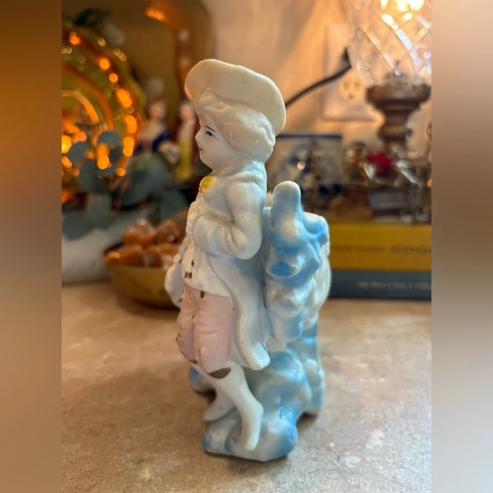 Vintage Victorian Bisque Colonial Boy Blue Ornate Shell Planter Vintage Japan